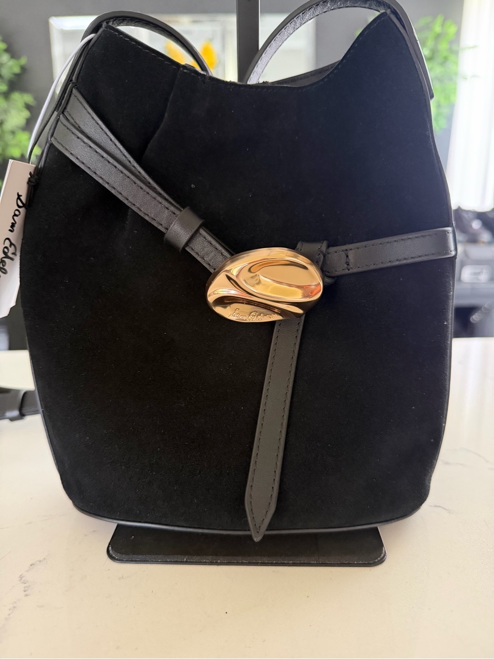 NWT Sam Edelman Black Suede Shoulder Bag with Gold Accent